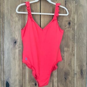 Polo Ralph Lauren Modern Solids Ruffle Back One Piece Swimsuit — Guava Large